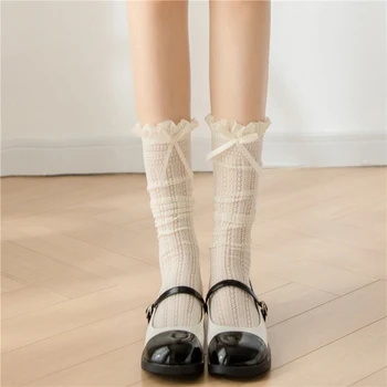 Белые кружевные носки Женские носки до икр с бантом Женские носки Sweet Middle Tube 2