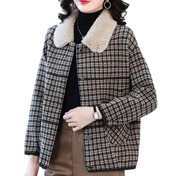 Женское повседневное пальто-кардиган, женское пальто, плюшевое винтажное пальто в клетку, женская теплая однобортная куртка с отворотом на осень 1