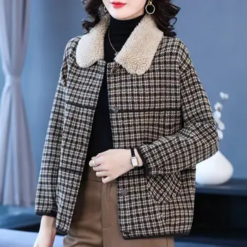 Женское повседневное пальто-кардиган, женское пальто, плюшевое винтажное пальто в клетку, женская теплая однобортная куртка с отворотом на осень 2