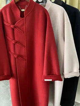 Новогодняя Красная пуговица в китайском стиле, сшитая вручную Двусторонним кашемировым пальто, женское длинное шерстяное пальто 1