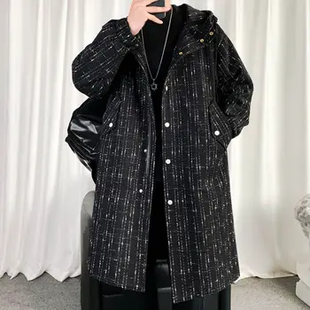 Шерстяное пальто средней длины M-3XL, осень-зима, Корейское мужское пальто с капюшоном, Свободный красивый черный тренч на молнии, Темпераментный пригородный лацкан 1