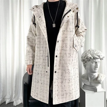 Шерстяное пальто средней длины M-3XL, осень-зима, Корейское мужское пальто с капюшоном, Свободный красивый черный тренч на молнии, Темпераментный пригородный лацкан 2